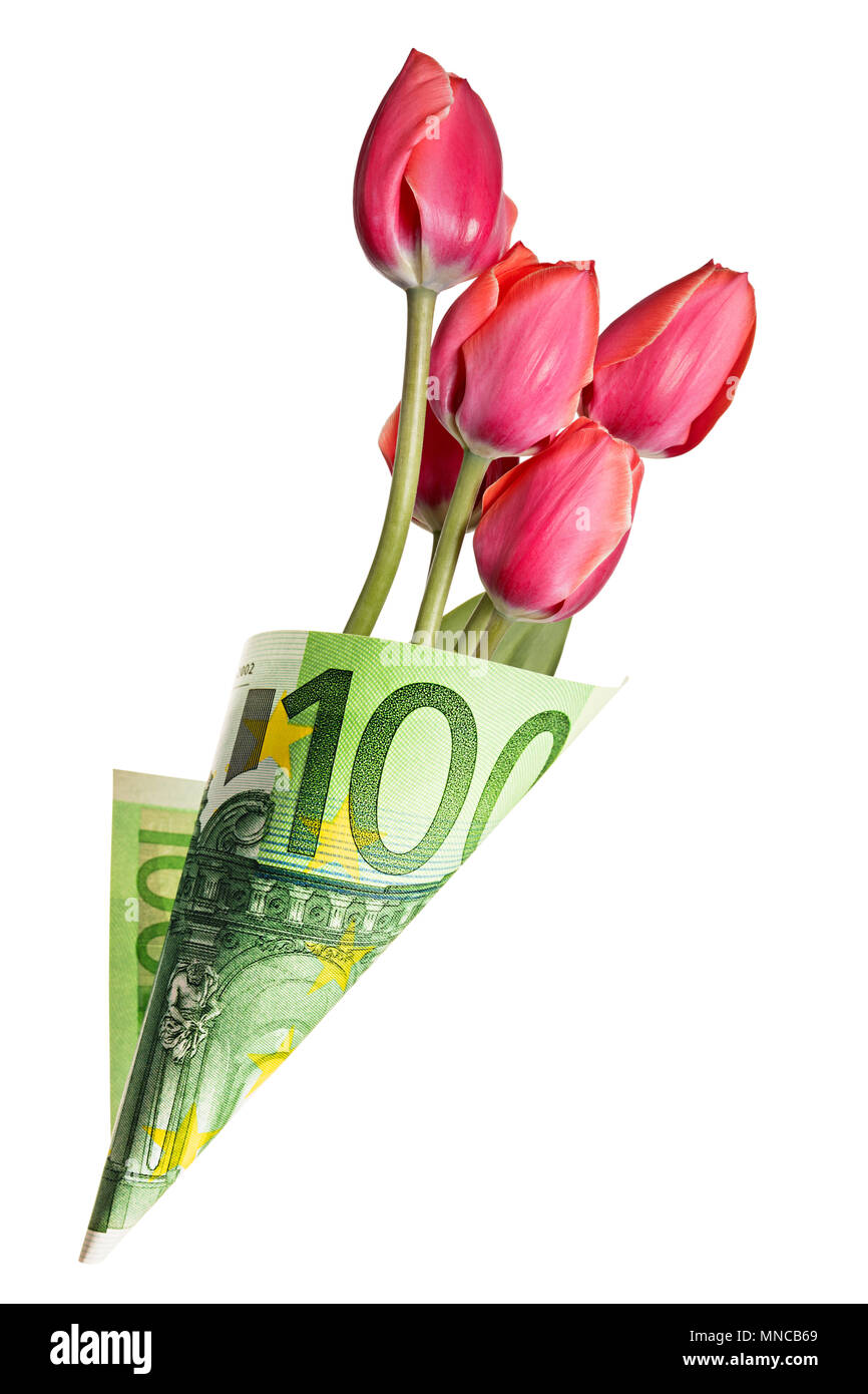 Paper bag out of one hundred euros with tulip flowers isolated on a white background Stock Photo