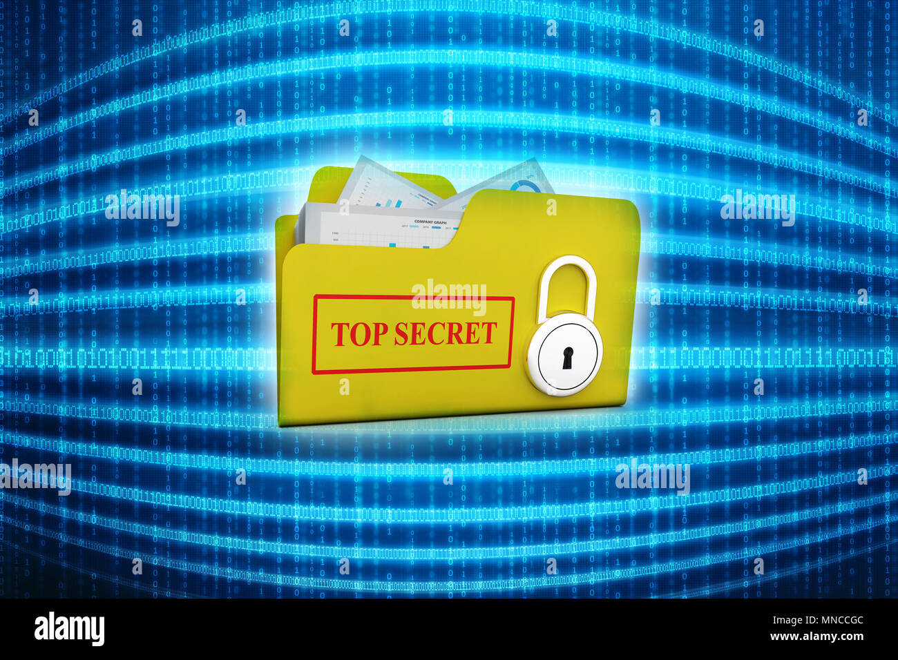 3D yellow folder and lock. Data security concept. Stock Photo