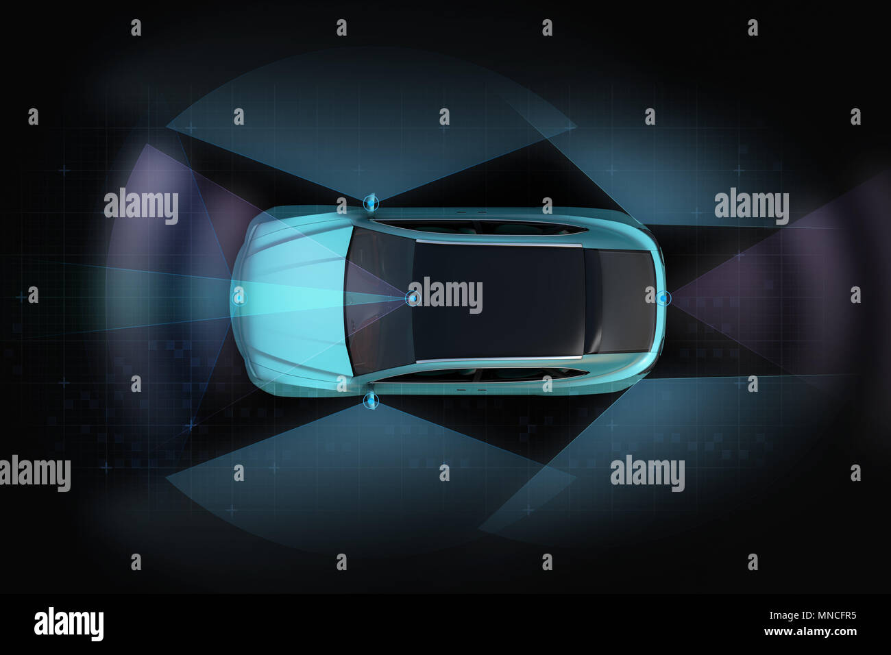 Top view of self-driving SUV on the road with sensing graphic pattern retouched. night traffic.  3D rendering image. Stock Photo