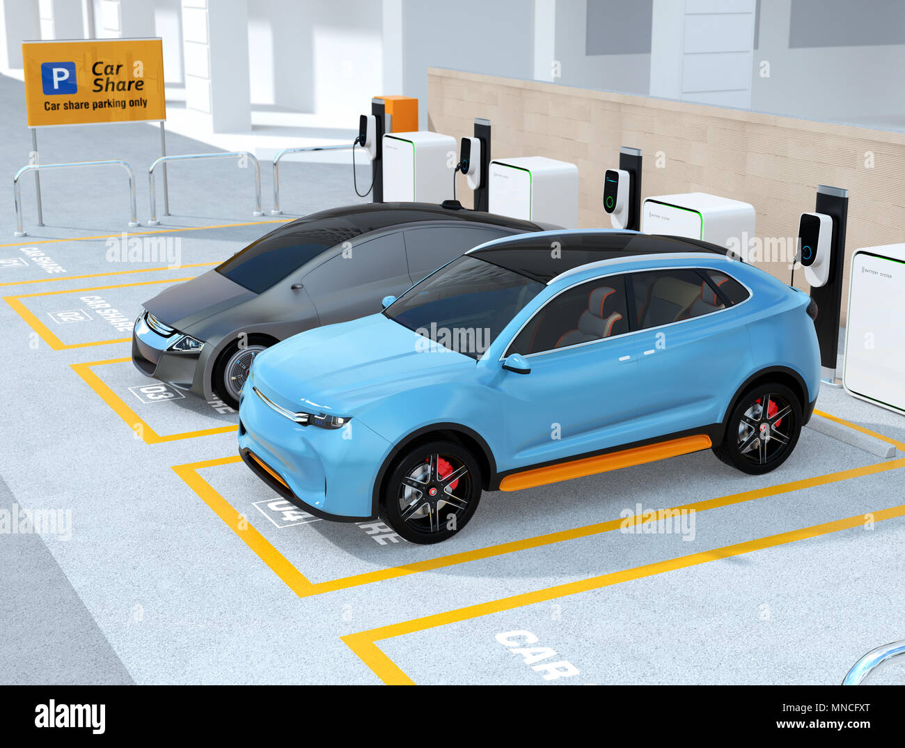 Electric SUV and selfdriving sedan in car share parking lot. Car