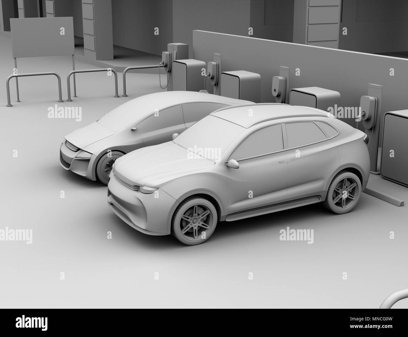 Clay rendering of electric SUV and self-driving sedan in car share parking lot. 3D rendering image. Stock Photo