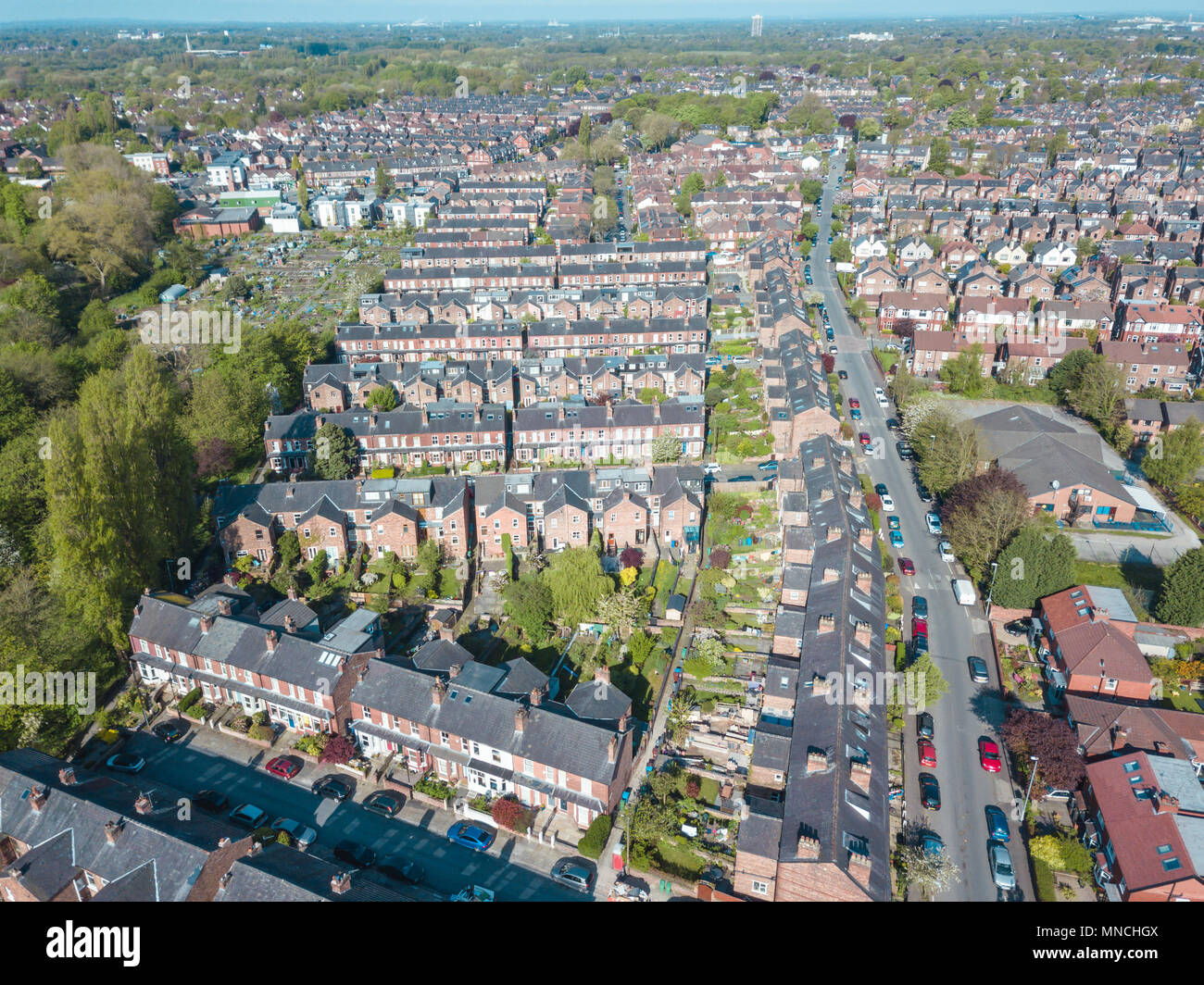 Aerial Houses Residential British England Drone Above View Summer Blue Sky Estate Agent Stock Photo