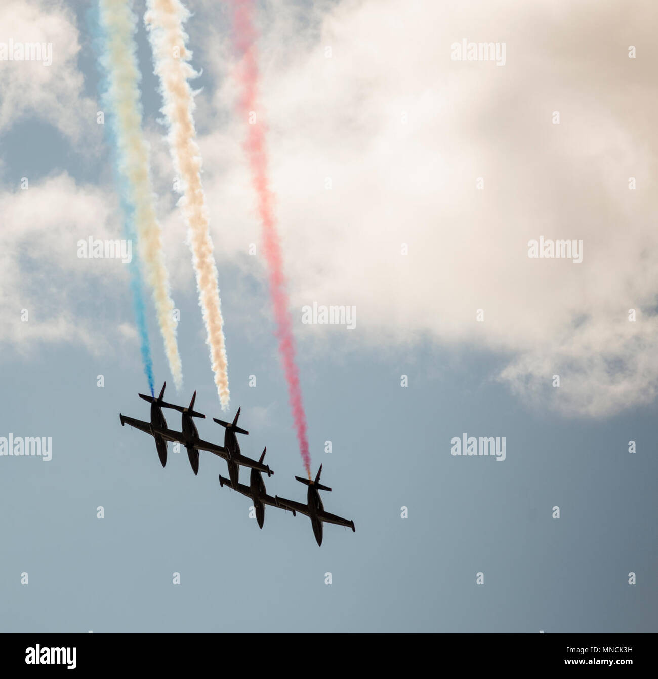 The 2018 Yuma Airshow headliner, The Patriots Jet Team, perform an acrobatic aerial display for spectators during the 2018 Yuma Airshow hosted by Marine Corps Air Station Yuma, Ariz., Saturday, March 17, 2018. The Patriots Jet Team, the largest civlian-owned aerobatic jet team in the western hemisphere, began with the vision of one person: Randy Howell. Fueled by passion for aviation since childhood, it became Howell's mission to create a six-jet precision demonstration team that could entertain, inspire, and educate. The airshow is MCAS Yuma's only military airshow of the year and provides th Stock Photo