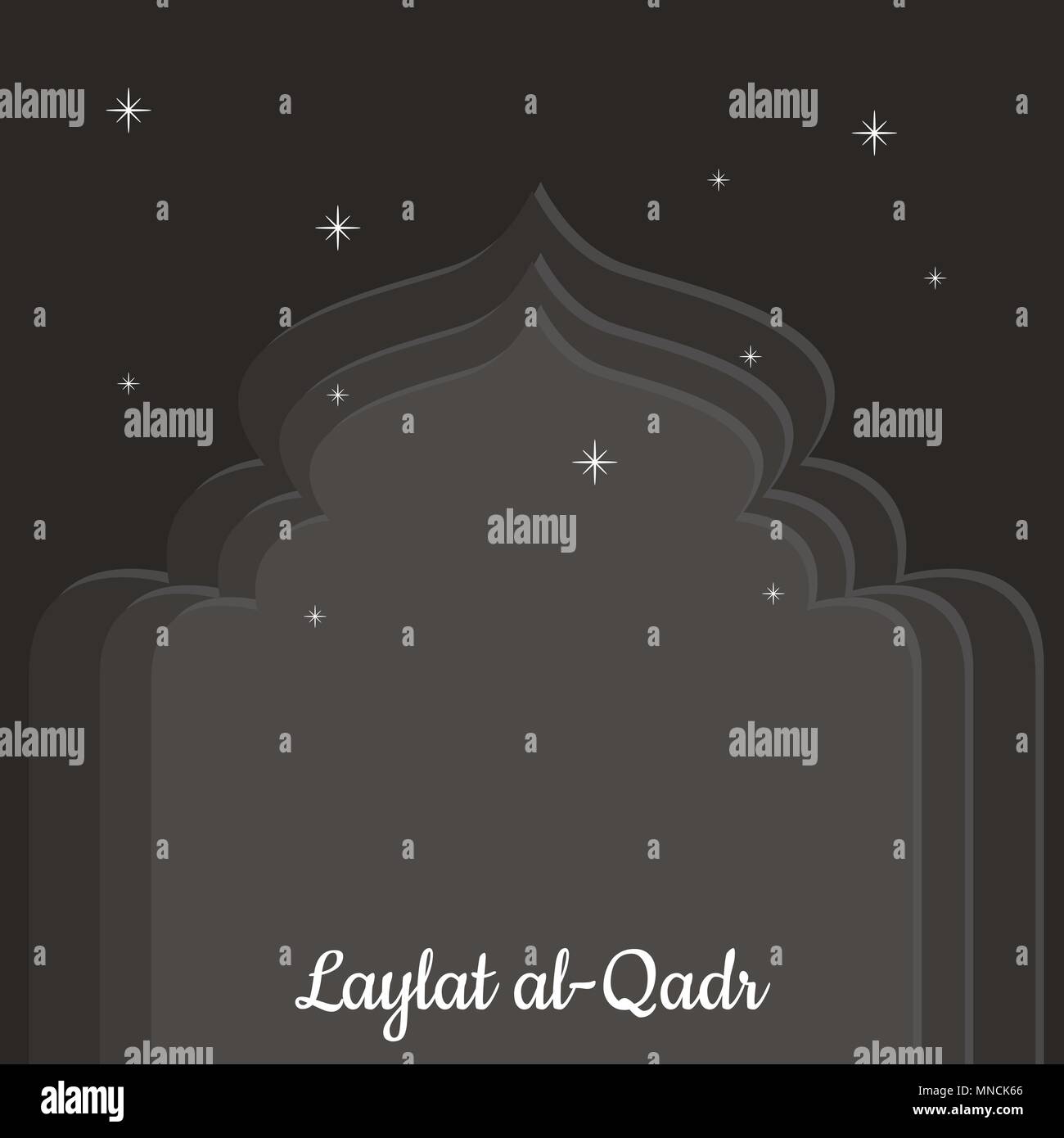 Laylat al-Qadr. Concept of the Islamic religion holiday. Symbolic silhouette of the mosque. Gray shades of color. Paper style Stock Vector