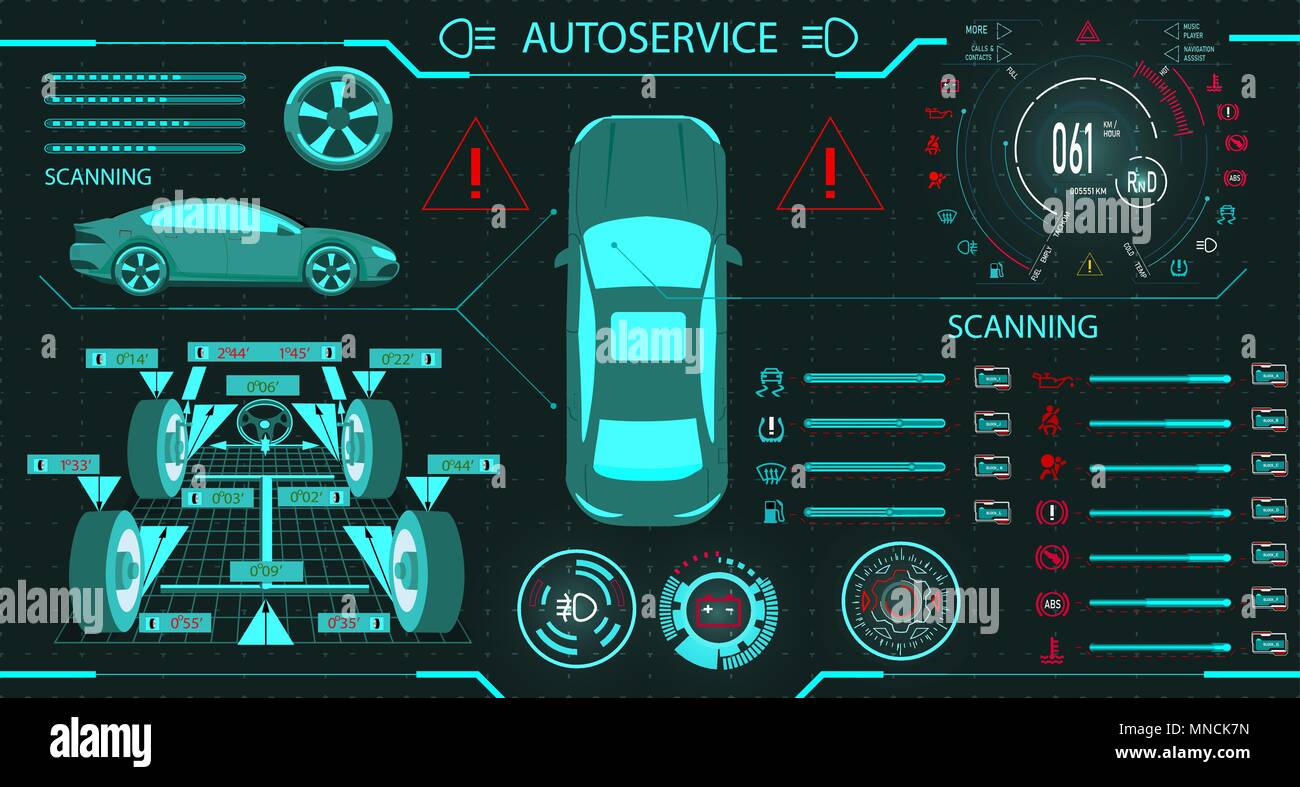 Car service. Diagnostic stand wheel alignment. Car digital car dashboard. Graphic display. illustration Stock Vector