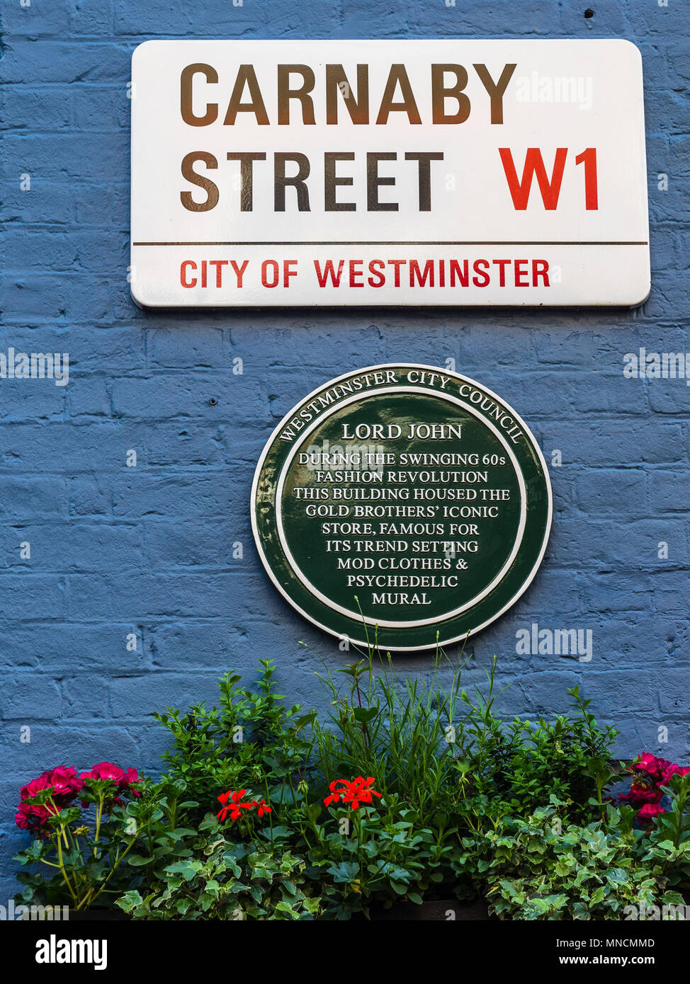 Carnaby Street Sign and London Plaque to the Lord John iconic fashion store situated there in the 1960s. Stock Photo