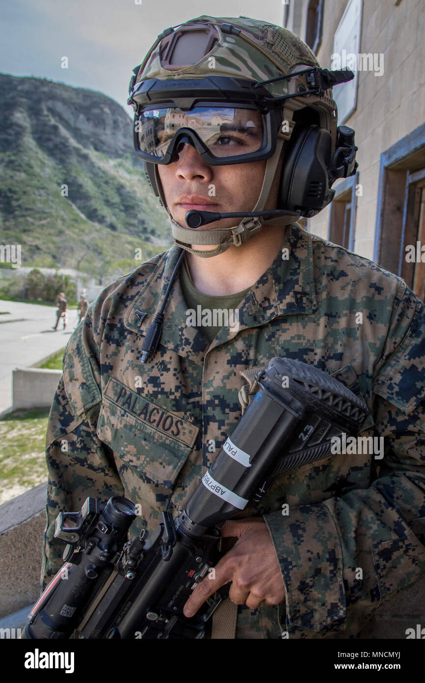 U.S. Marine Corps Lance Cpl. Allan Palacios, an infantryman with 3rd Battalion, 4th Marine Regiment, 1st Marine Division tests a Step In Visor and Low Profile Mandible during Urban Advanced Naval Technology Exercise 2018 (ANTX-18) at Marine Corps Base Camp Pendleton, California, March 19, 2018. The Marines have been provided the opportunity to assess the operational utility of emerging technologies and engineering innovations that improve the Marine’s survivability, lethality and connectivity in complex urban environments. (U.S. Marine Corps Stock Photo