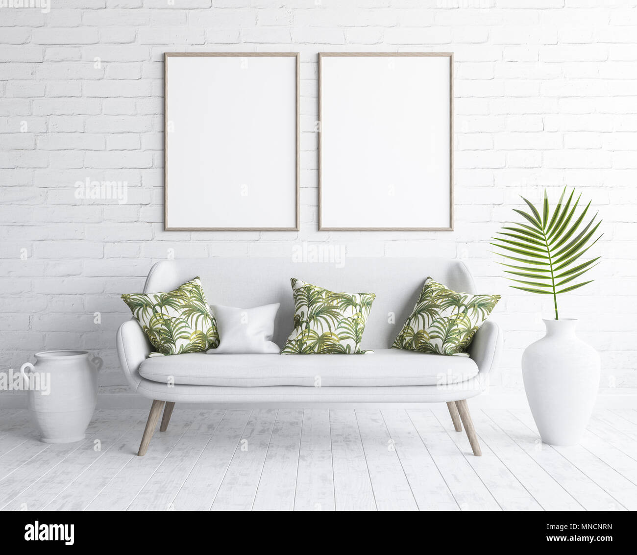 Mock Up Frames In Living Room Interior With White Sofa On White