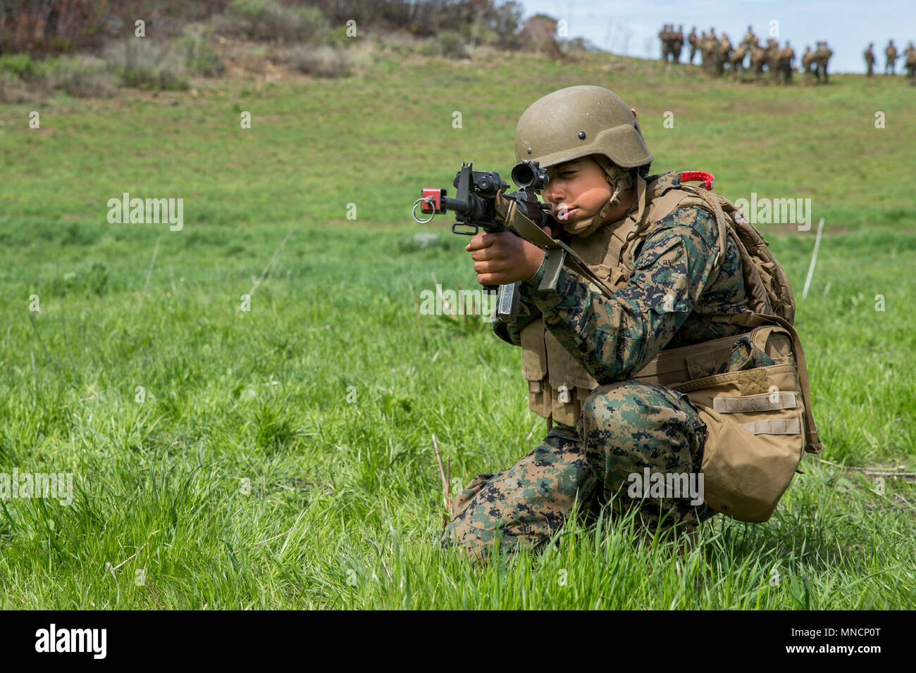 A U.S. Marine with Golf Company, Marine Combat Training Battalion (MCT), School of Infantry – West, conducts patrolling exercises on Camp Pendleton, Calif., March 20, 2018. Golf Co. is the first integrated male/female MCT company on the West Coast. (U.S. Marine Corps Stock Photo