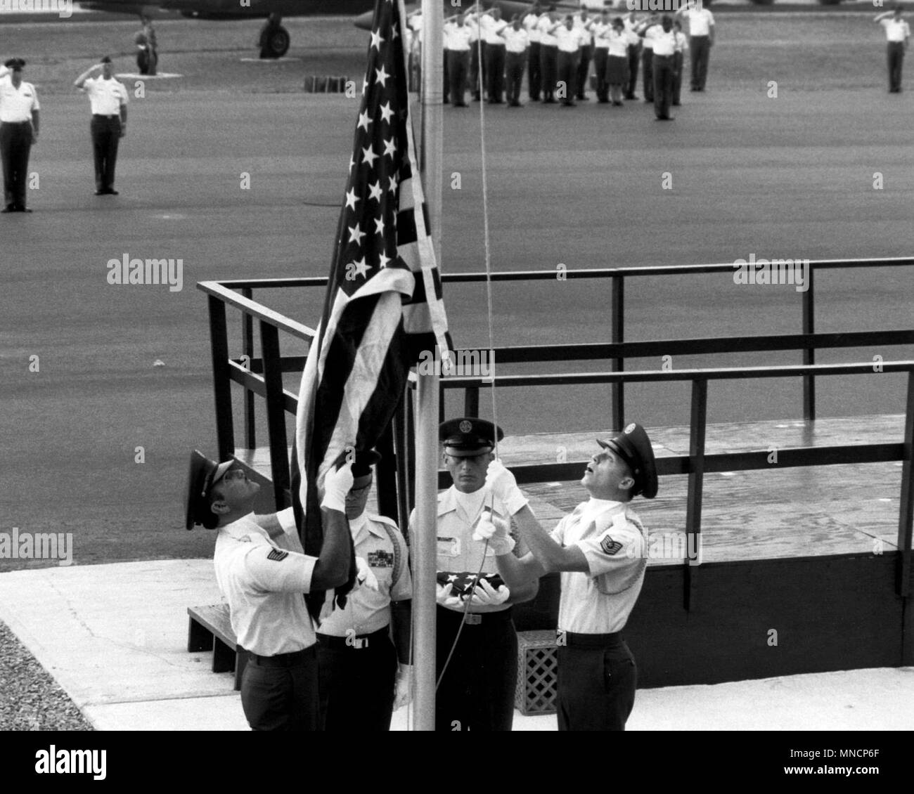 The American flag on display at the I.G. Brown Training and Education Center’s Spruance Hall in Louisville, Tenn., is last flown July 29, 1986, at the first reveille of NCO academy class 86-3. The flag took a 16-year journey to fly over the capitols of every state and territory in the United States. It was sent out by NCO academy class 71-1. (U.S. Air National Guard file Stock Photo