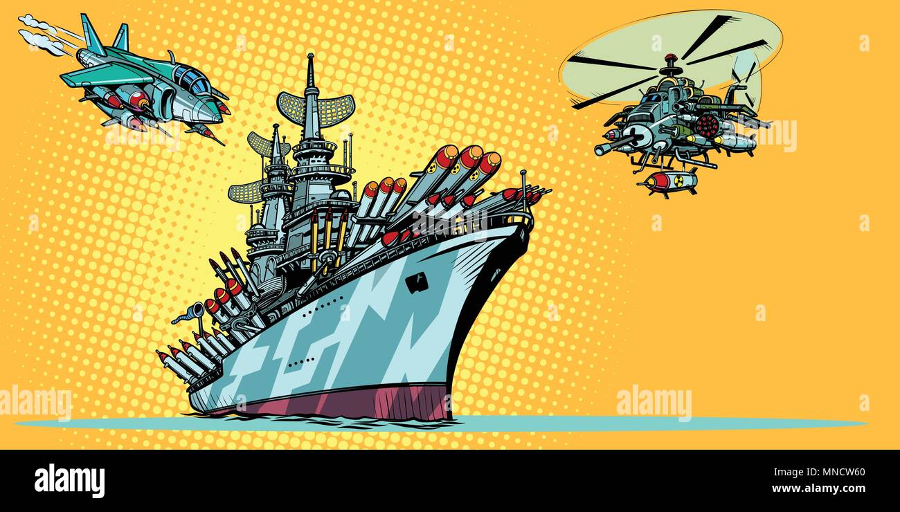military aircraft carrier with fighter jets and helicopters Stock Vector