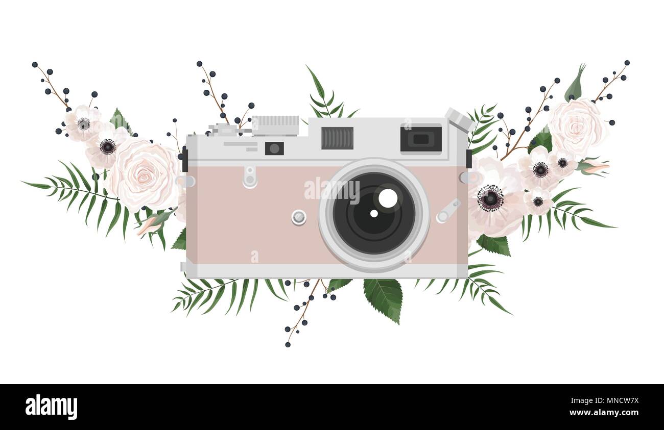 Vintage retro photo camera in flowers, leaves, branches on white background. Stock Vector