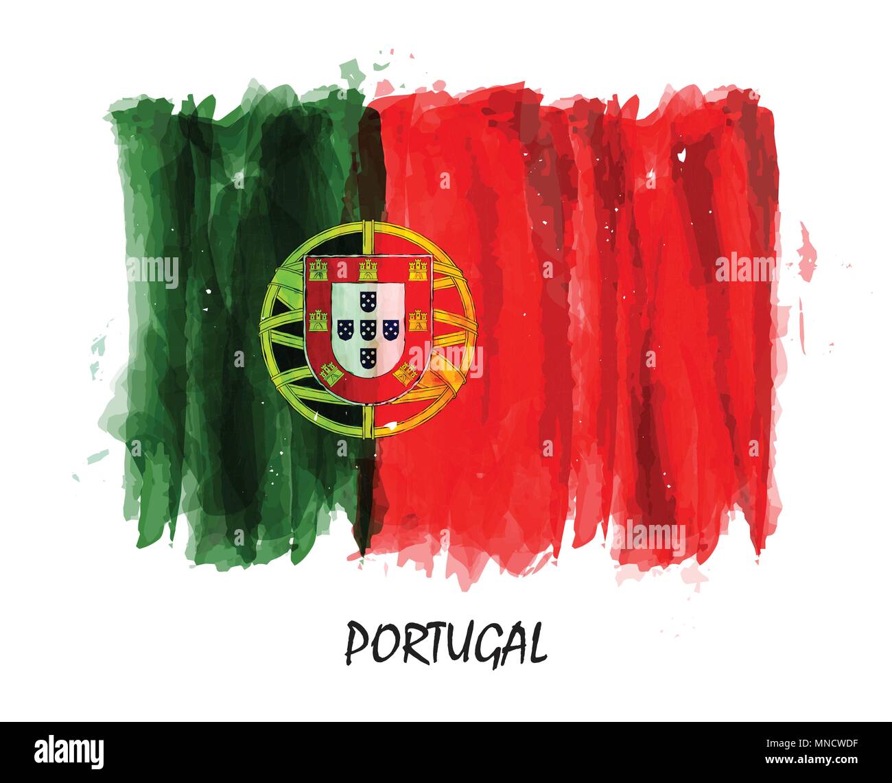 Realistic watercolor painting flag of Portugal . Vector . Stock Vector