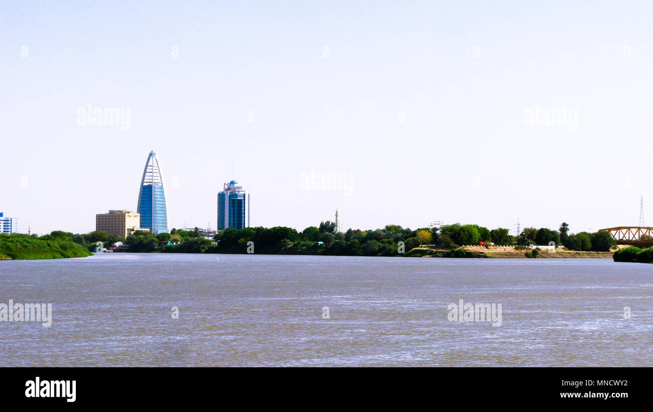 Aerial panoramic view to Khartoum, Omdurman and confluence of the Blue and White Niles, Sudan Stock Photo