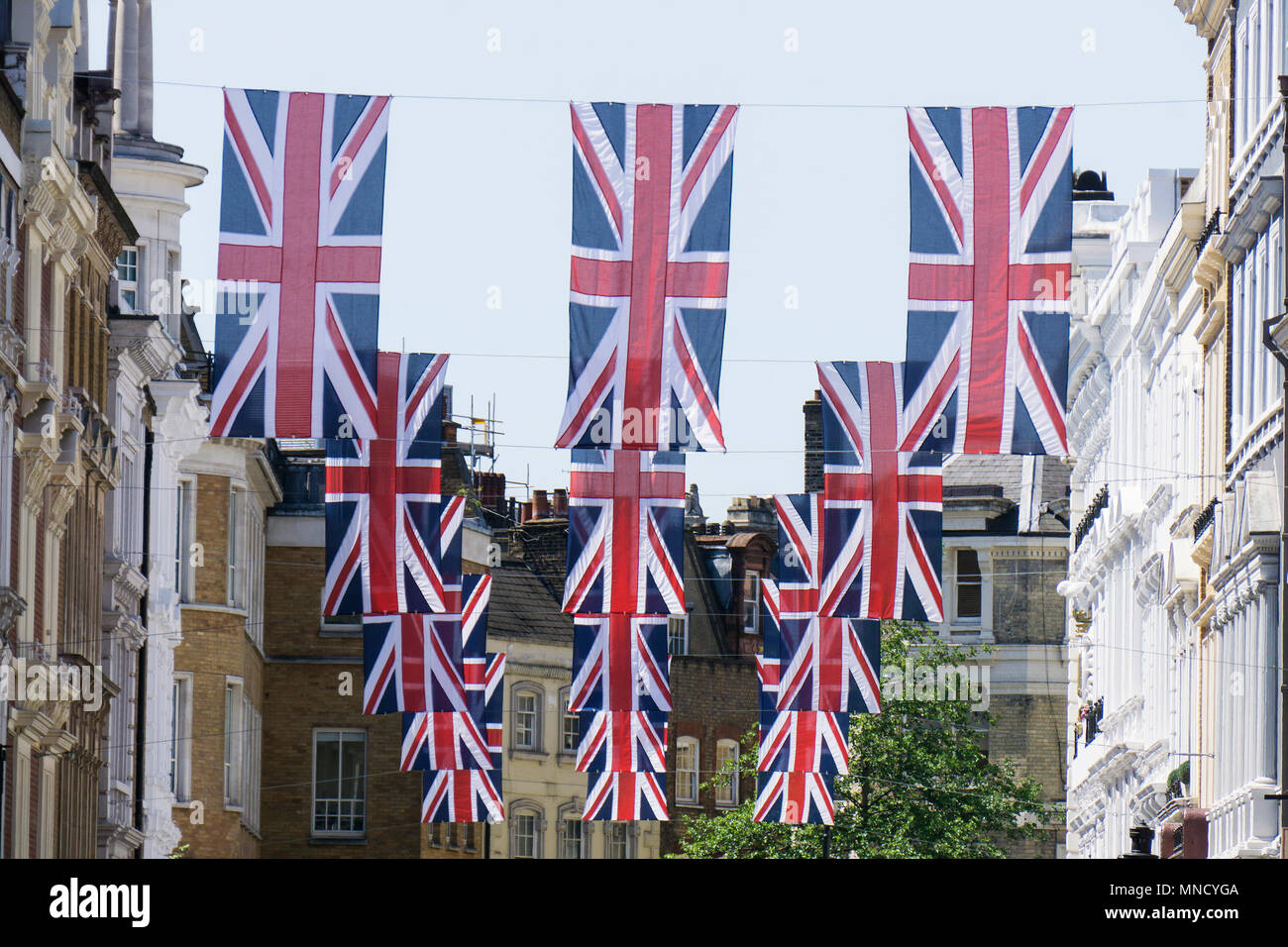 Union Jack flags hang in Central London in preperation for the royal