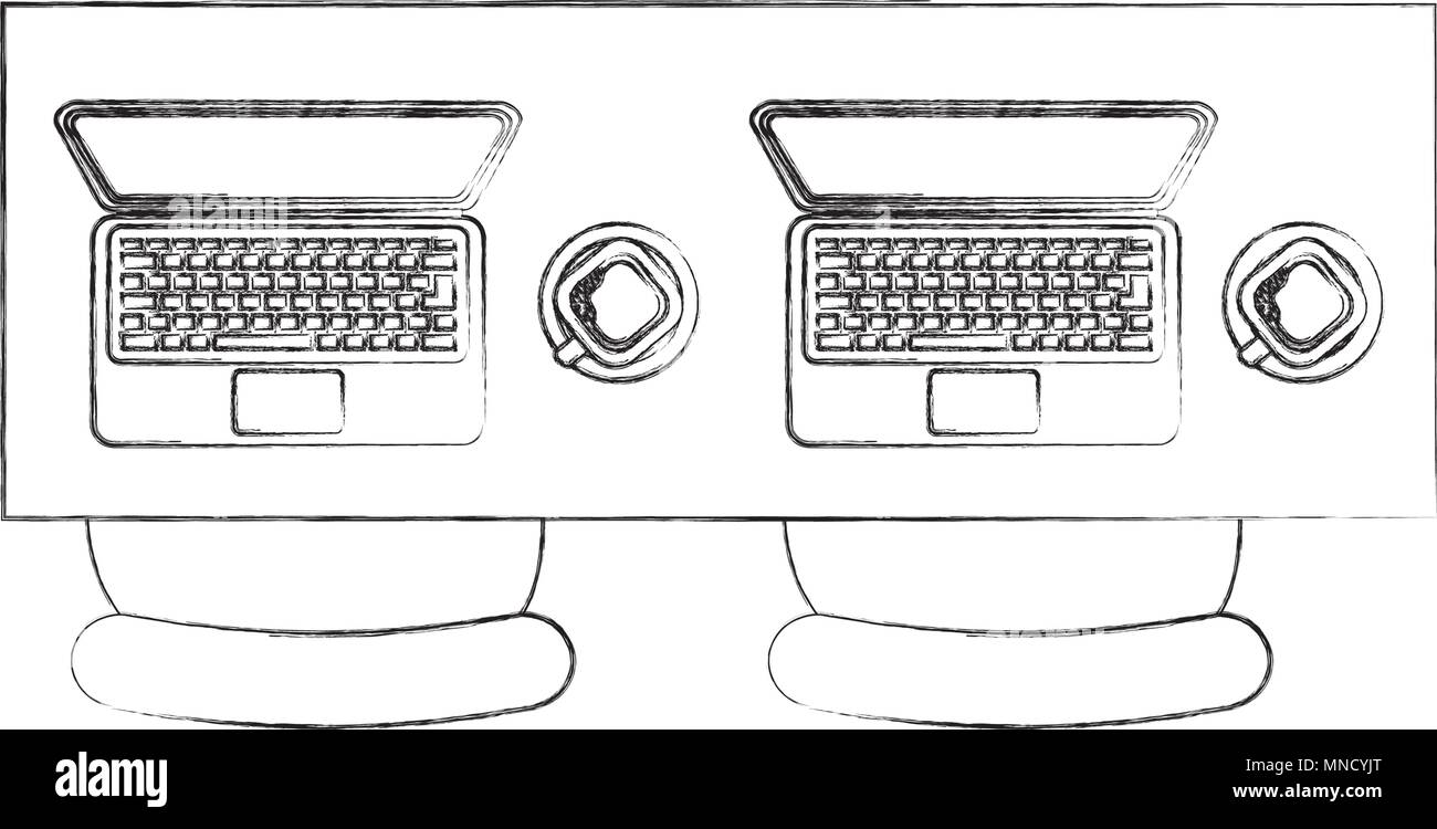 aerial view of desk with laptops computer and chairs office vector illustration design Stock