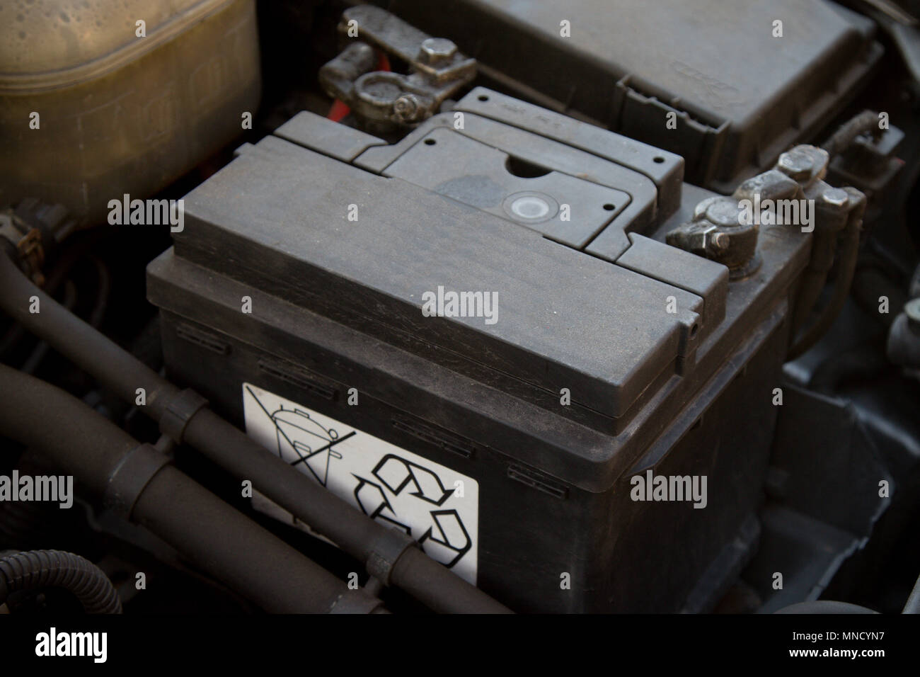 A car battery in place in an engine bay Stock Photo Alamy