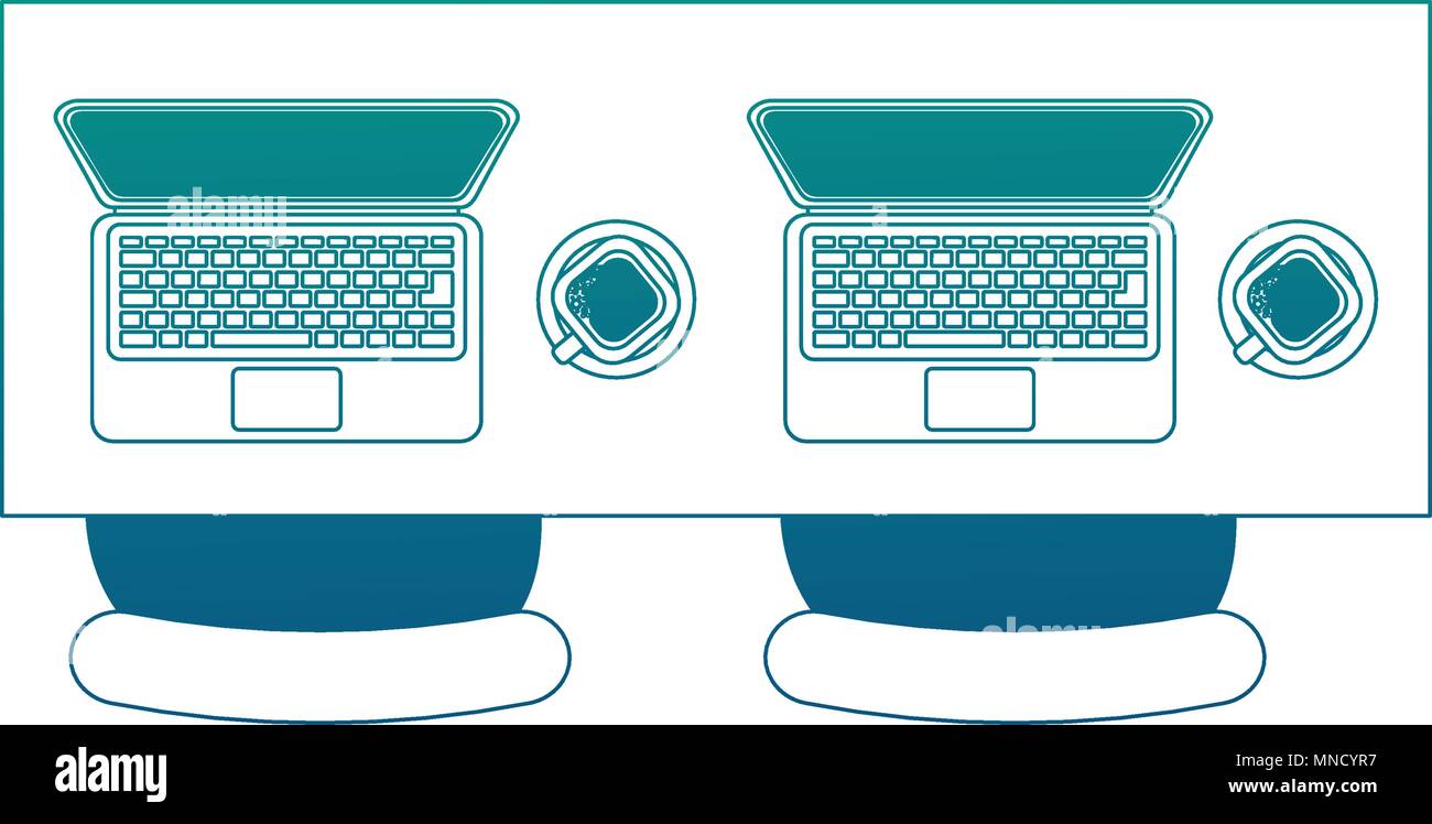 aerial view of desk with laptops computer and chairs office vector illustration design Stock