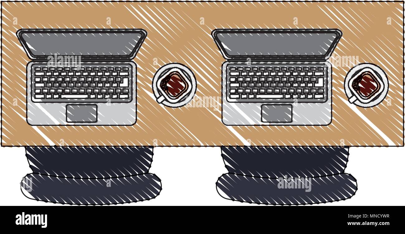 aerial view of desk with laptops computer and chairs office vector illustration design Stock