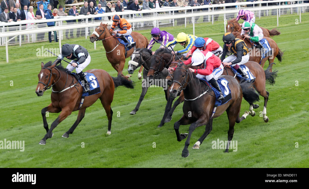 Clubbable ridden by Paul Hanagan (right, red and white silks) gets up to win the Conundrum HR Consulting Handicap during day one of the 2018 Dante Festival at York Racecourse, York. Stock Photo