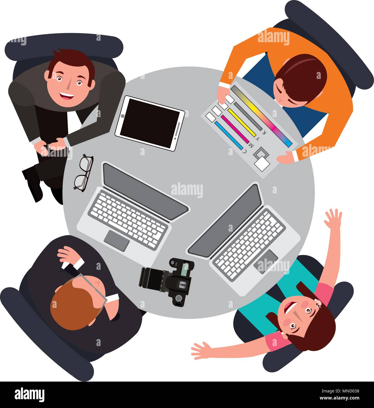 people meeting with computer on the round table in top view vector illustration Stock Vector