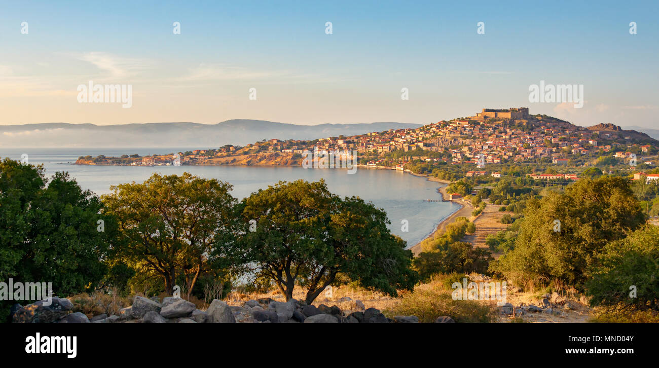 Panorama view of the picturesque village Molivos, also called Mithymna, the fortress on the hill in evening light, Lesvos island, Greece, Europe Stock Photo