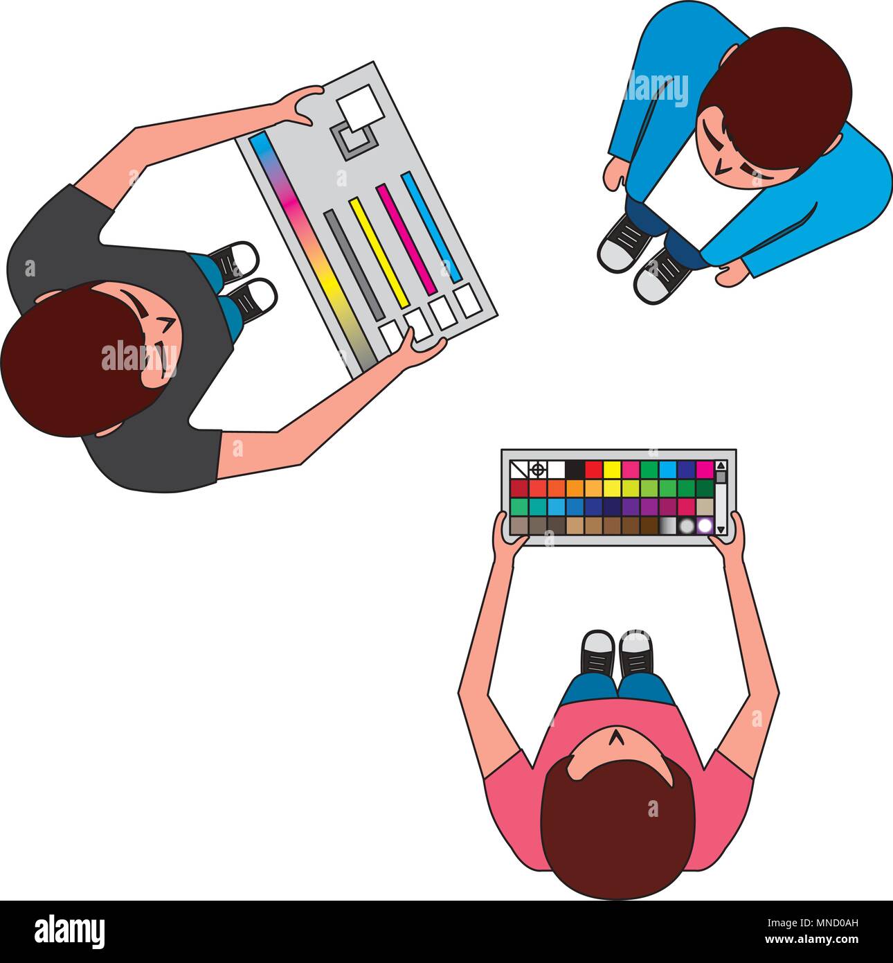 aerial view of teamwork graphic designers with tools panel Stock Vector