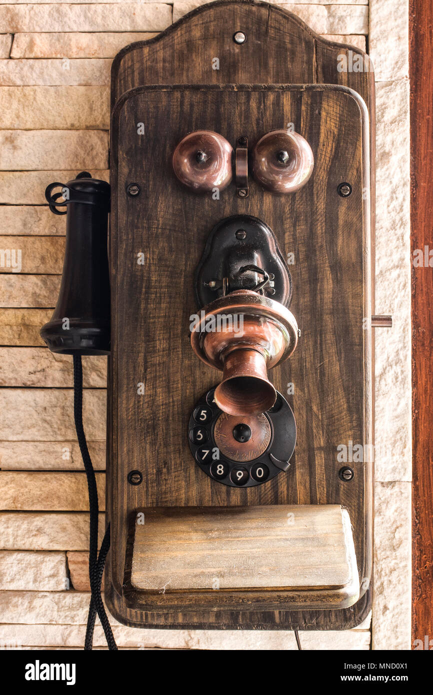 Vintage wall telephone. Campos do Jordao, Sao Paulo, Brazil. Stock Photo
