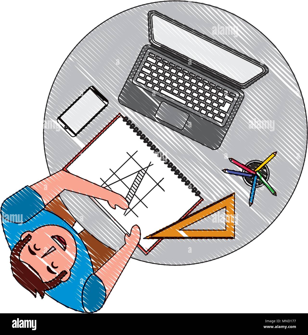 aerial view of man working with computer and architecture Stock Vector ...