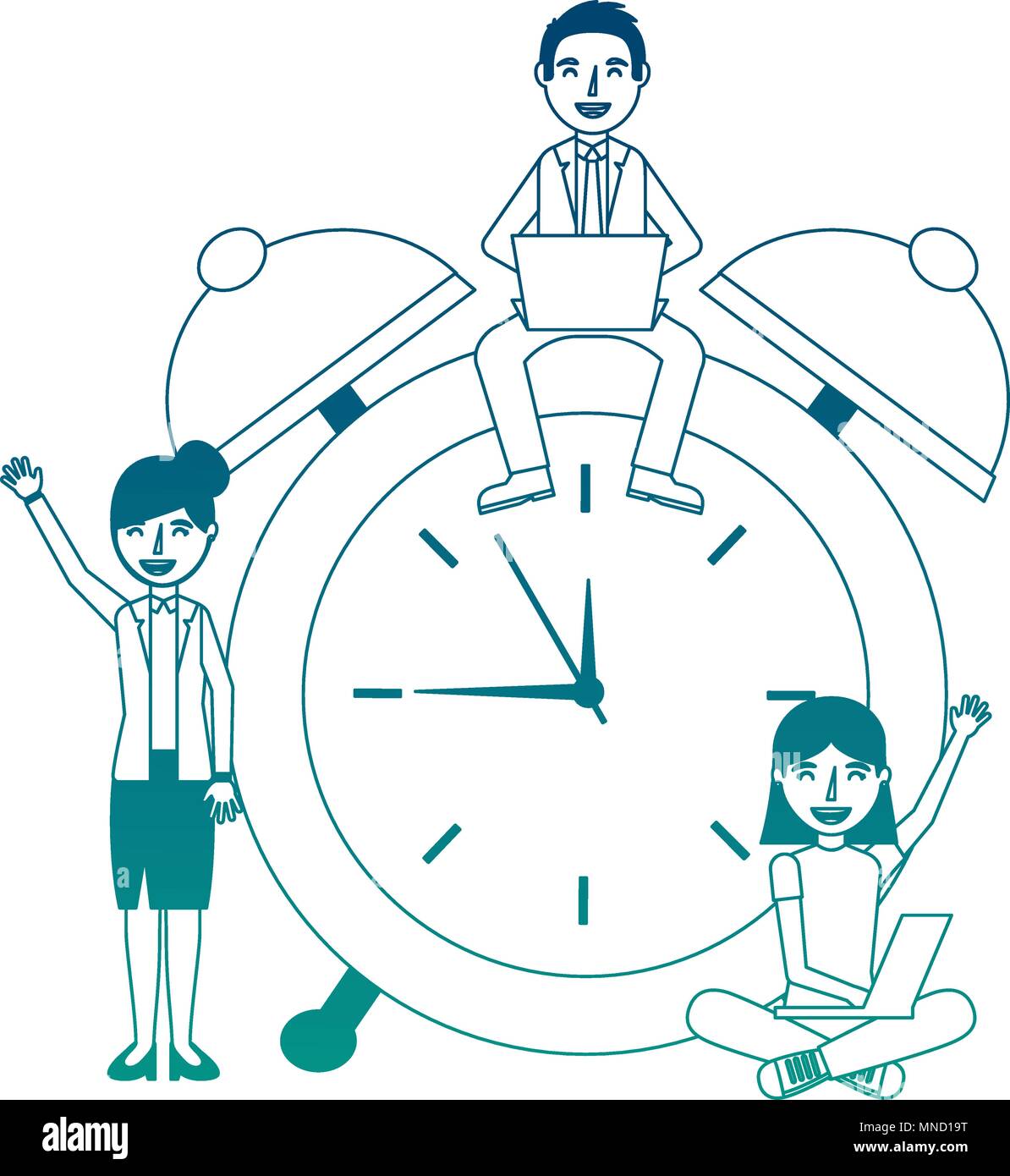 teacher man woman and student girl laptop alarm clock Stock Vector