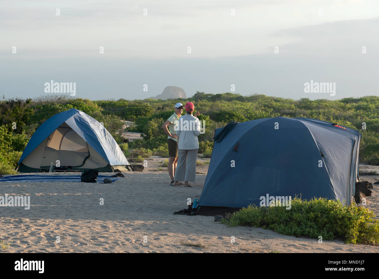Women conversing on a camping trip in the Galapagos Islands, Ecuador. Stock Photo