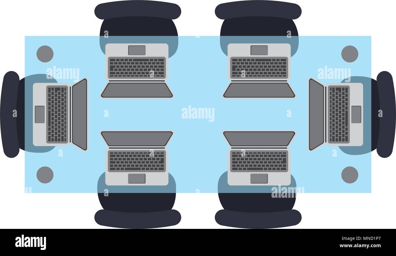 aerial view of work table with laptops computer and chairs office Stock