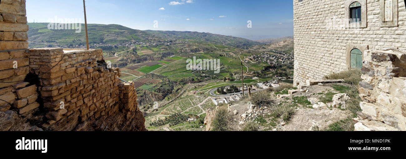 View from the Crusader castle to a small Jordanian village, a suburb of the big city Karak, middle east Stock Photo