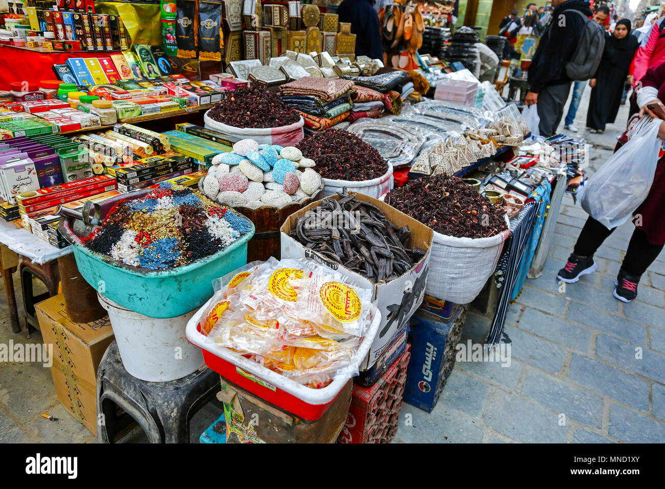 Market stalls and produce for sale at the Khan El Khalili bazaar, Cairo, Egypt, Africa Stock Photo