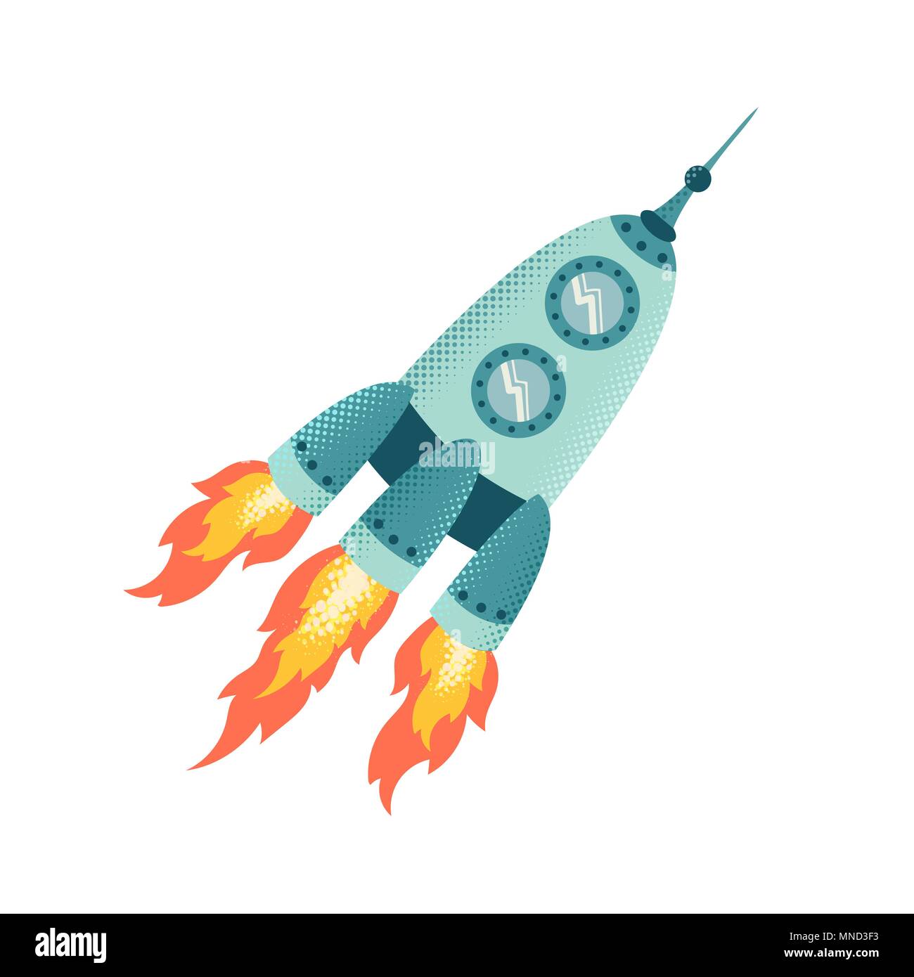 Retro rocket vector illustration, halftone and mid century comics graphic style spacecraft isolated on white, spaceship successfull startup with fire  Stock Vector