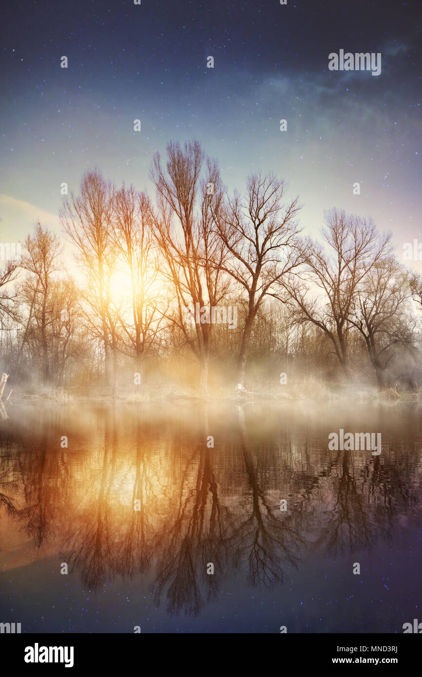 sunny and misty morning over a misty lake Stock Photo