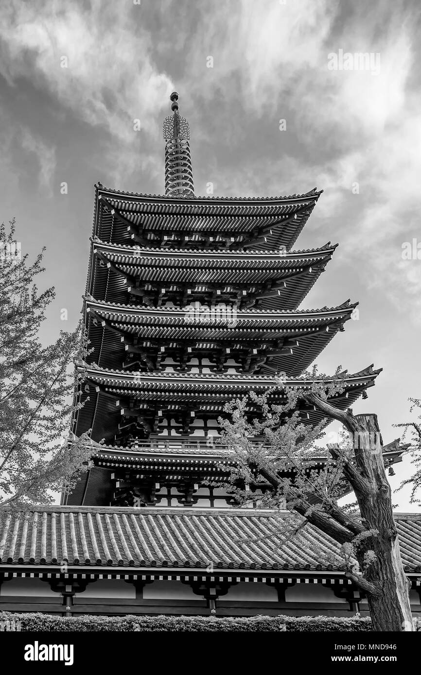 Black and white view of the five-story pagoda of the Senso-ji Temple in Tokyo, Japan Stock Photo