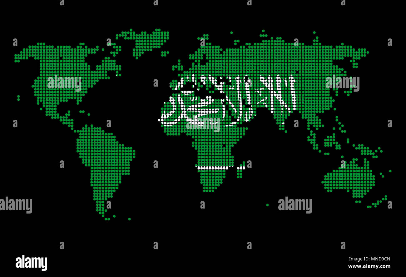 Dotted world map in Saudi Arabia flag colors isolated on black background. Stock Photo