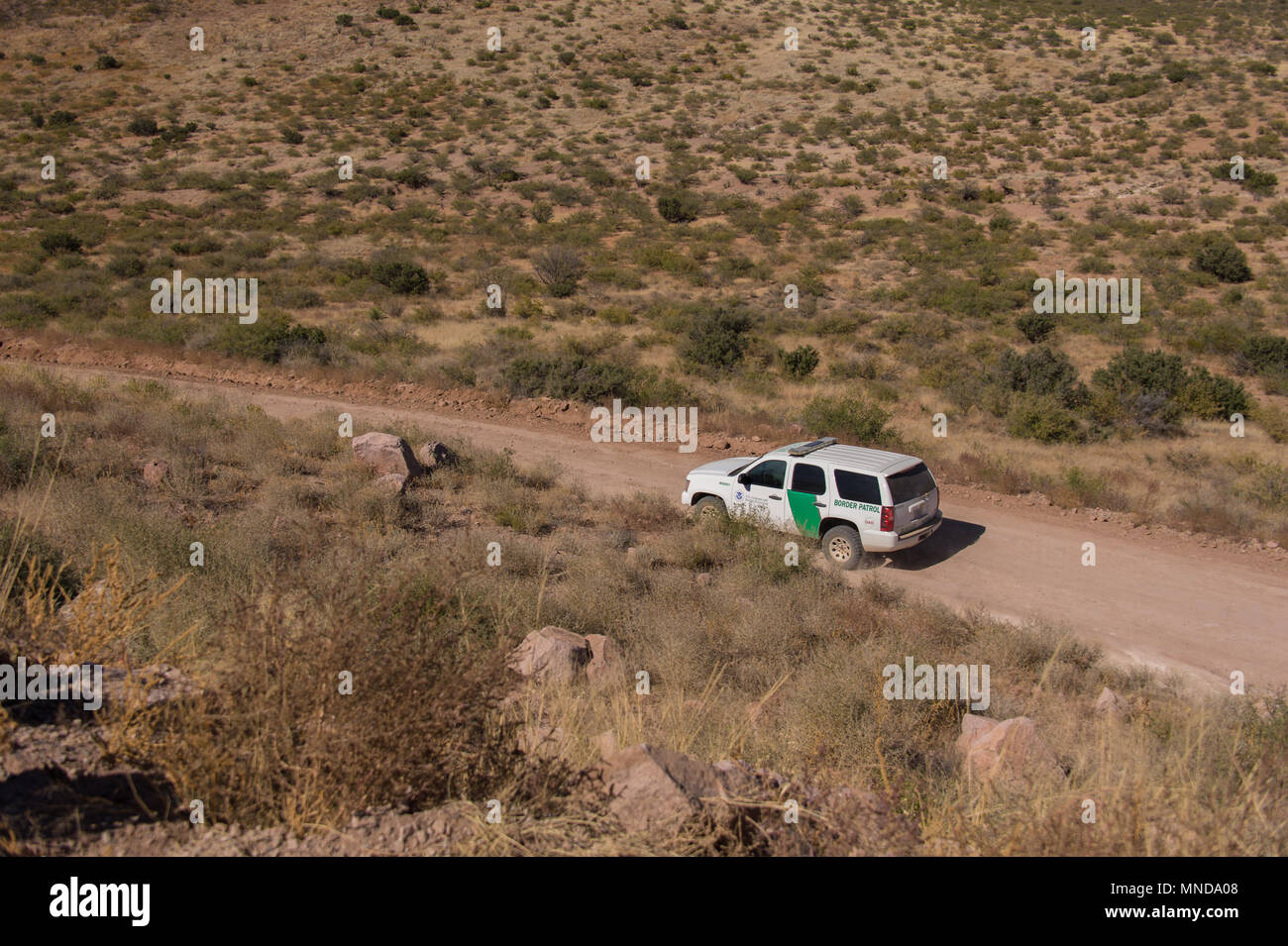 Border Patrol along the US and Mexican border in Douglasville, Arizona. On the other side is Agua Prieta, Mexico. Stock Photo