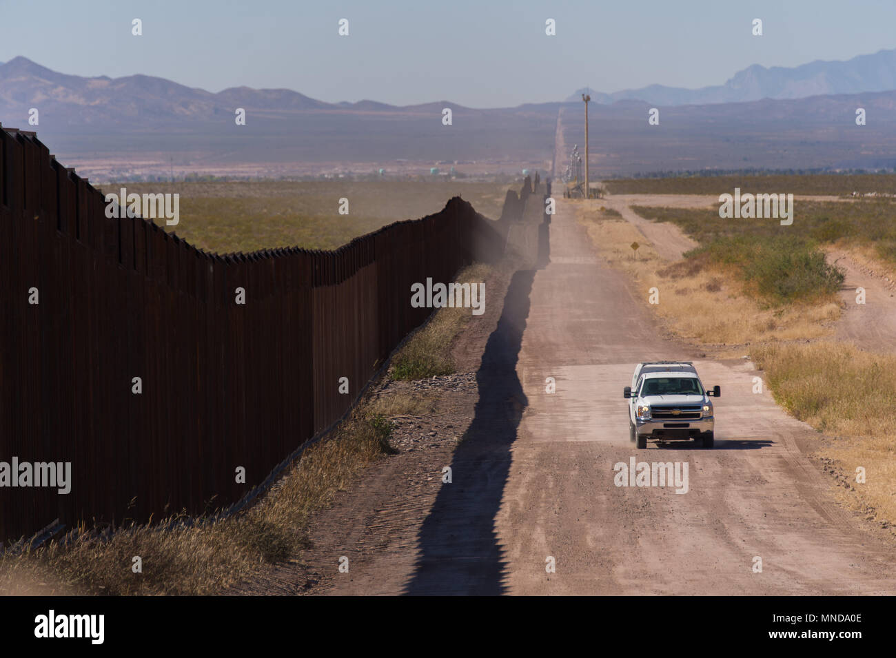 Border Patrol along the US and Mexican border in Douglasville, Arizona. On the other side is Agua Prieta, Mexico. Stock Photo