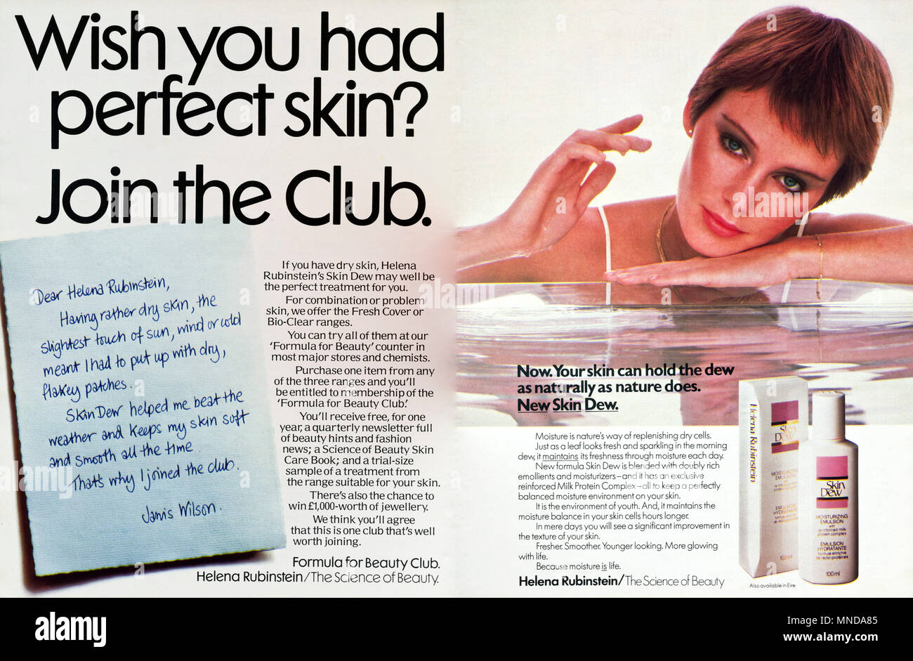 1980s original old vintage advertisement advertising Skin Dew cosmetics by Helena Rubinstein for women advert in English magazine circa 1980 Stock Photo