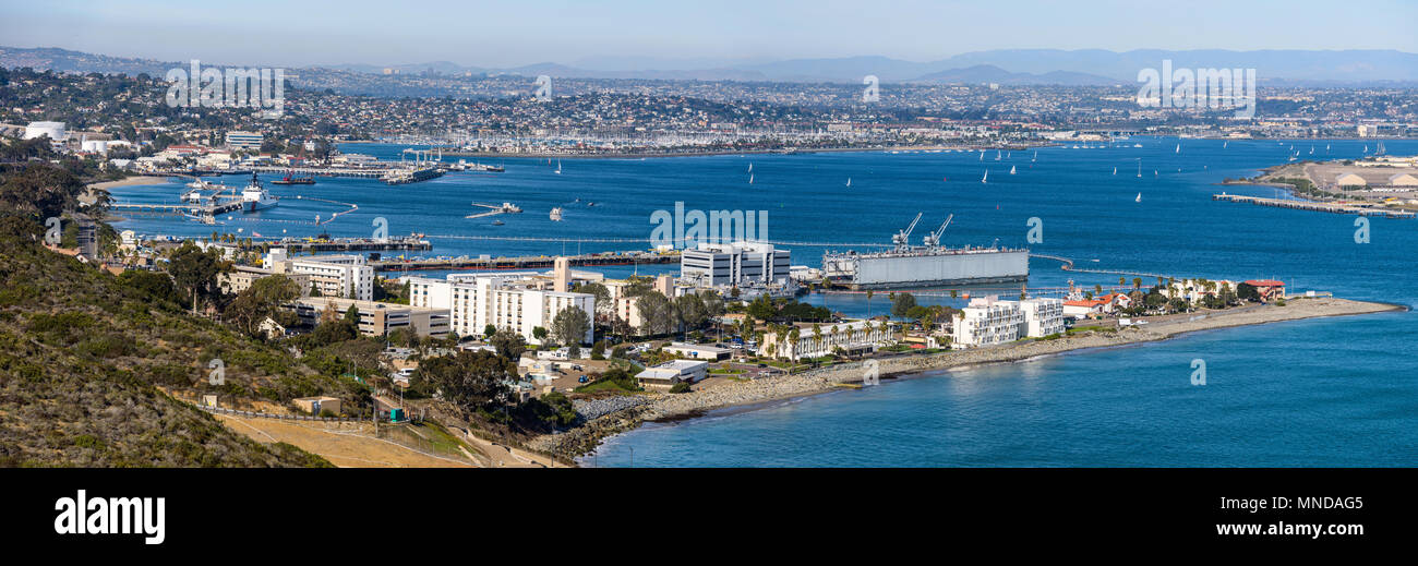 San Diego Bay - A panoramic overview of north San Diego Bay, looking from a high point in Cabrillo National Monument, San Diego, California, USA. Stock Photo