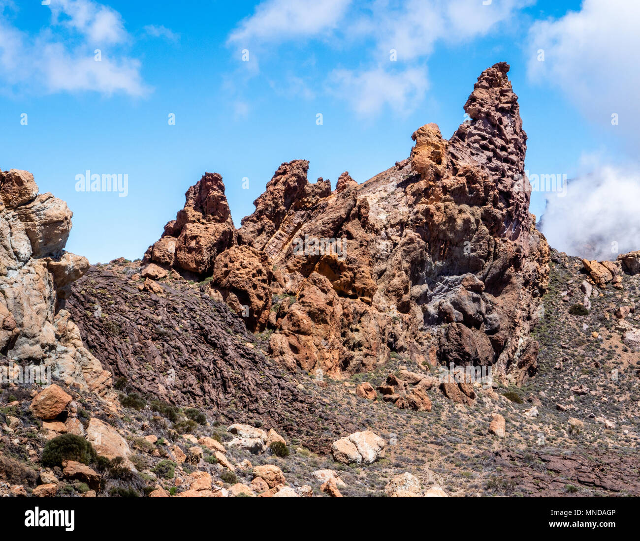 Fantastically eroded pinnacles of the Roques de Garcia in the Las Canadas caldera of Mount Teide on Tenerife in the Canary Islands Stock Photo