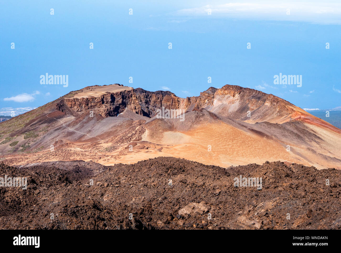 The ancient dormant crater of Pico Viejo and the Narices del Teide the Nostrils of Teide as seen from the summit mirador - Mount Teide Canary Islands Stock Photo