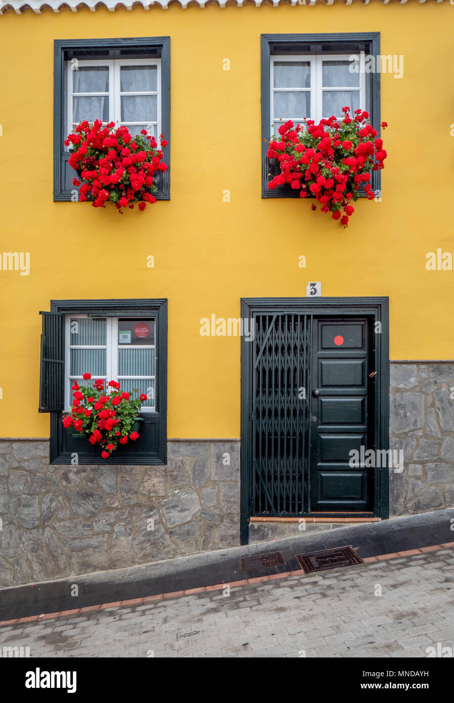 Window boxes with scarlet pelargoniums in a yellow painted building in Granadilla de Abona in southern Tenerife Canary Islands Stock Photo