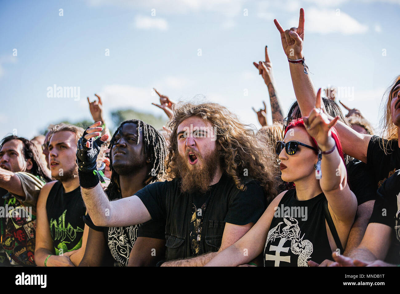 Music festival crowd. Heavy metal music festival crowd watching with horns in the air Stock Photo