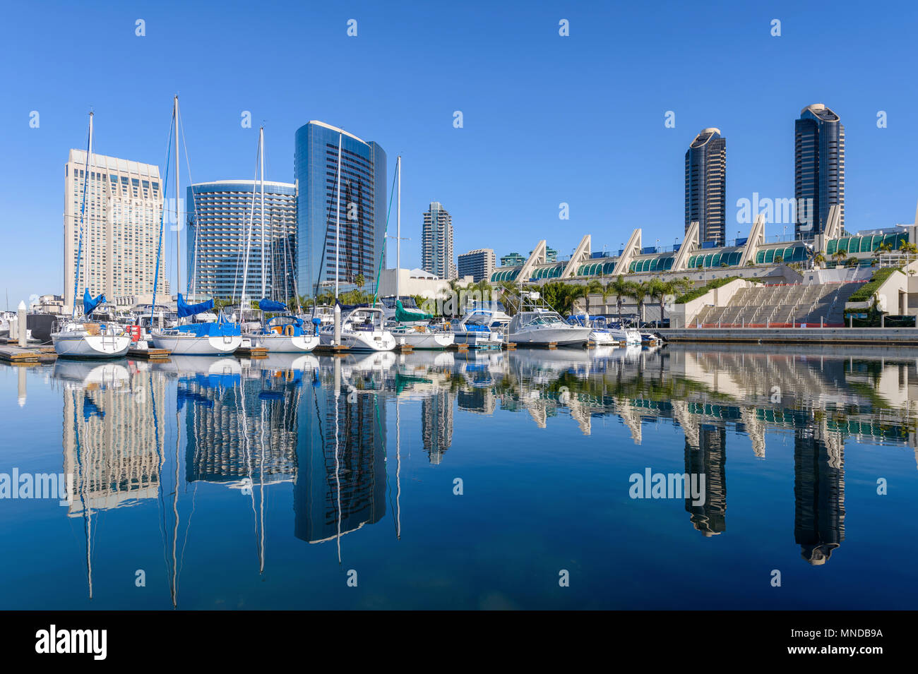 San Diego Marina - A panoramic morning view of San Diego Marina, surrounded by modern high-rising buildings, at side of San Diego Bay. San Diego, CA. Stock Photo