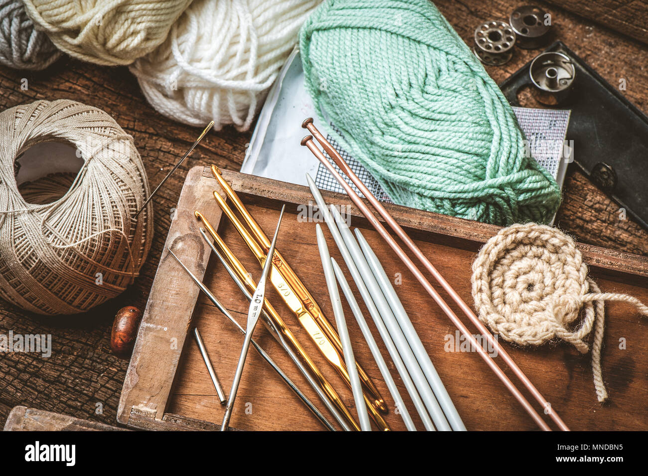 equipment for knitting and crochet (crochet hook, yarn, wool, needle