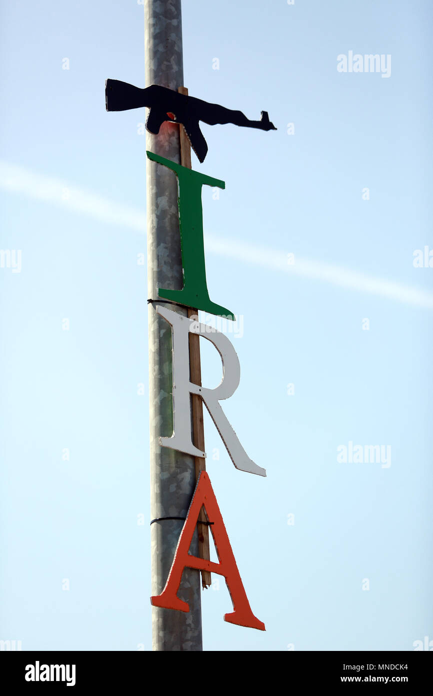 IRA Letters are seen on the Falls Road, west Belfast, May 2018. The Falls Road (from Irish túath na bhFál, meaning 'territory of the enclosures) is the main road through west Belfast, Northern Ireland, running from Divis Street in Belfast city centre to Andersonstown in the suburbs. Its name is synonymous with the republican community in the city, whilst the neighbouring Shankill Road is predominantly loyalist, separated from the Falls Road by peace lines. The road is usually referred to as the Falls Road, rather than as Falls Road. It is known as the Faas Raa in Ulster-Scots.[ Photo/Paul McEr Stock Photo