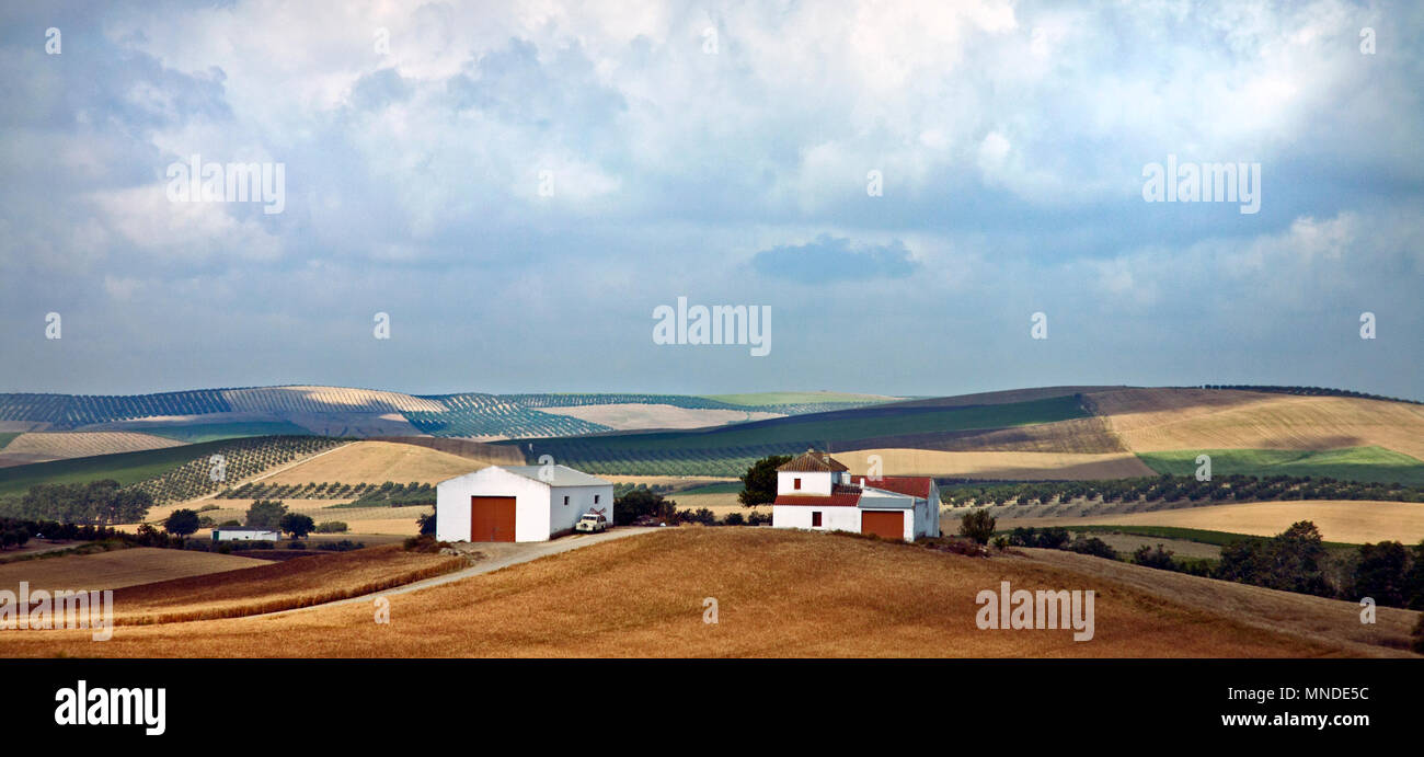 Vast Plains With Small Farm House White With Red Barn Doors Among